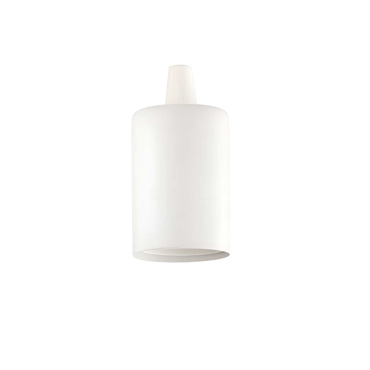 The Radiancea E27 Small Lamp Holder - White, featuring a sleek cylindrical design, hangs elegantly against a plain background, delivering an ambient glow that is ideal for enhancing modern interiors.