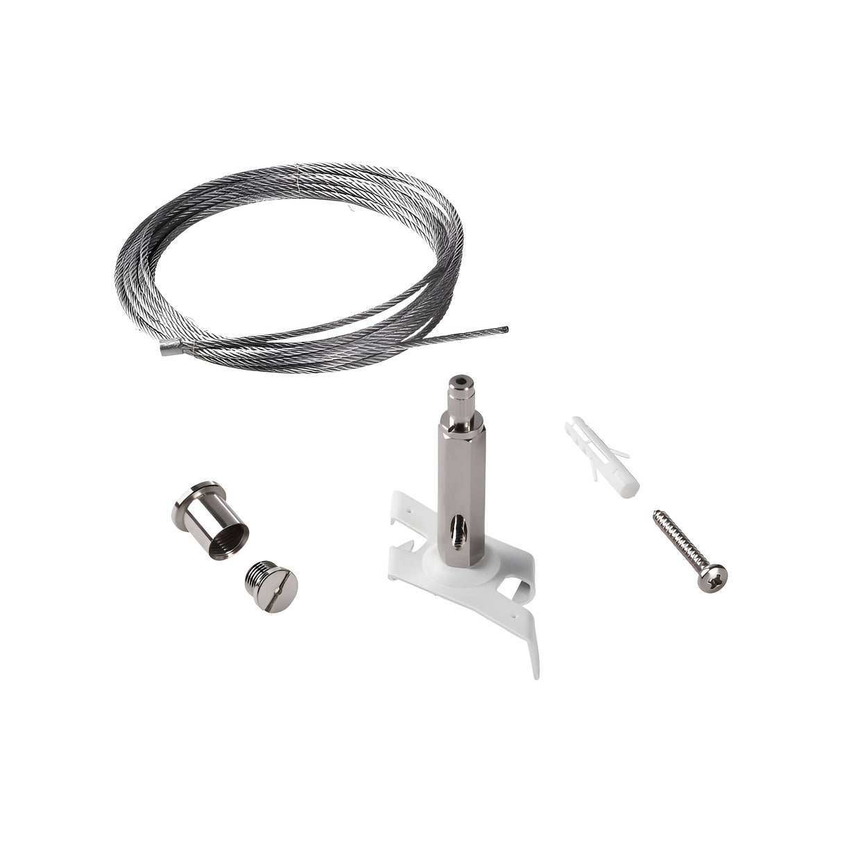 A set of hardware components on a white background, including the Brillia Adjustable 5m Suspension Cable Kit (Without Ceiling Rose) - White, featuring a coiled steel cable ideal for adjustable suspension needs, along with a metallic fastener, mounting bracket, wall anchor, and screw—perfect elements to enhance interior designs.
