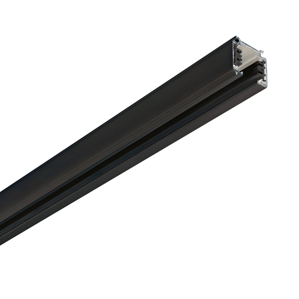 The Brillia-2 3-Phase Trim Surface-Mounted Profile Track in black is a long, rectangular metal track with a sleek finish and grooves on its sides. It features a hollow interior, ideal for 3-phase surface-mounted lighting installations, and is displayed angled diagonally from top left to bottom right against a white background.