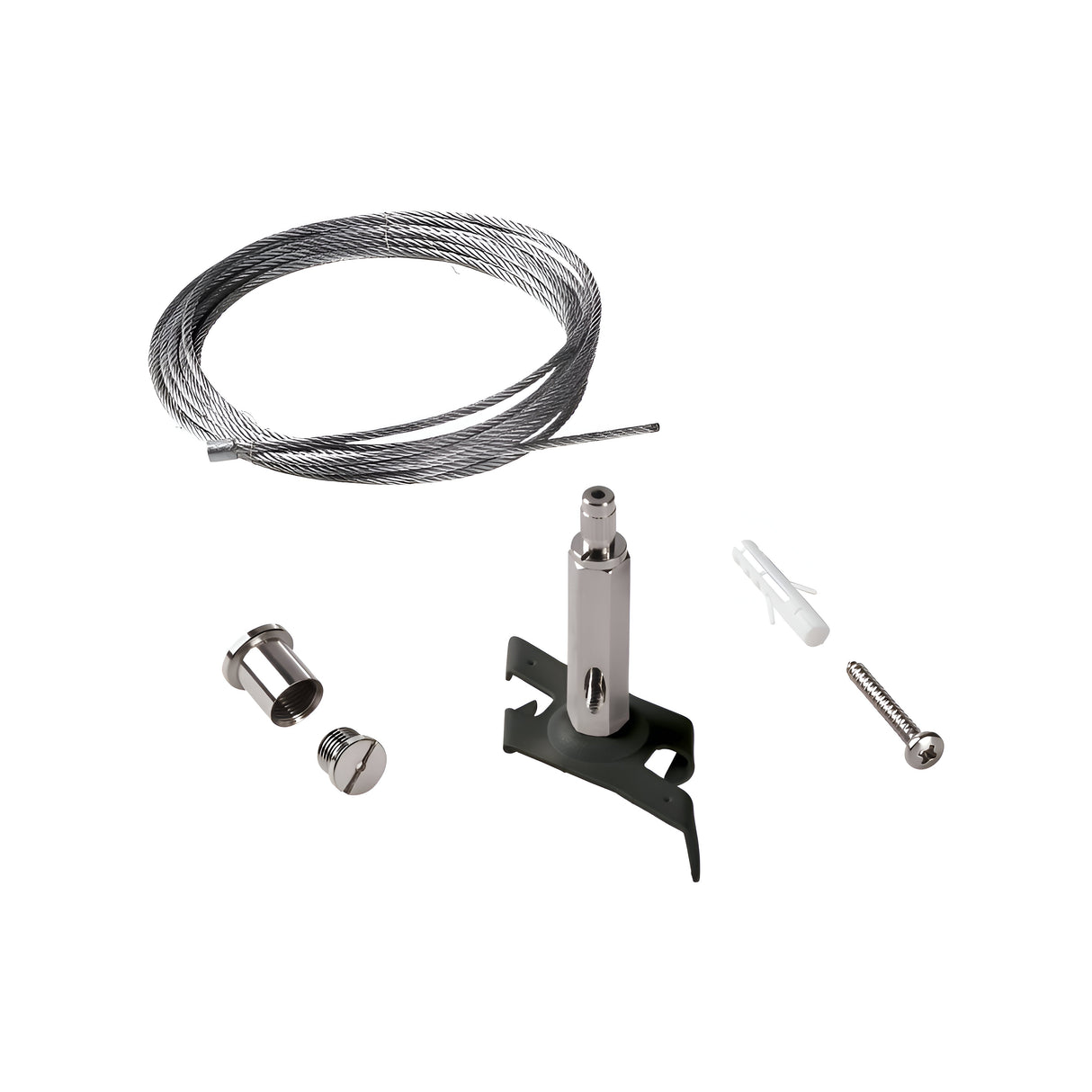 The Brillia Adjustable 3m Suspension Cable Kit (Without Ceiling Rose) in black, featuring components such as a coiled cable, an adjustable suspension cable, a metal bracket, a screw, two nuts, and a wall anchor for lighting fixtures, is neatly arranged on a white surface.