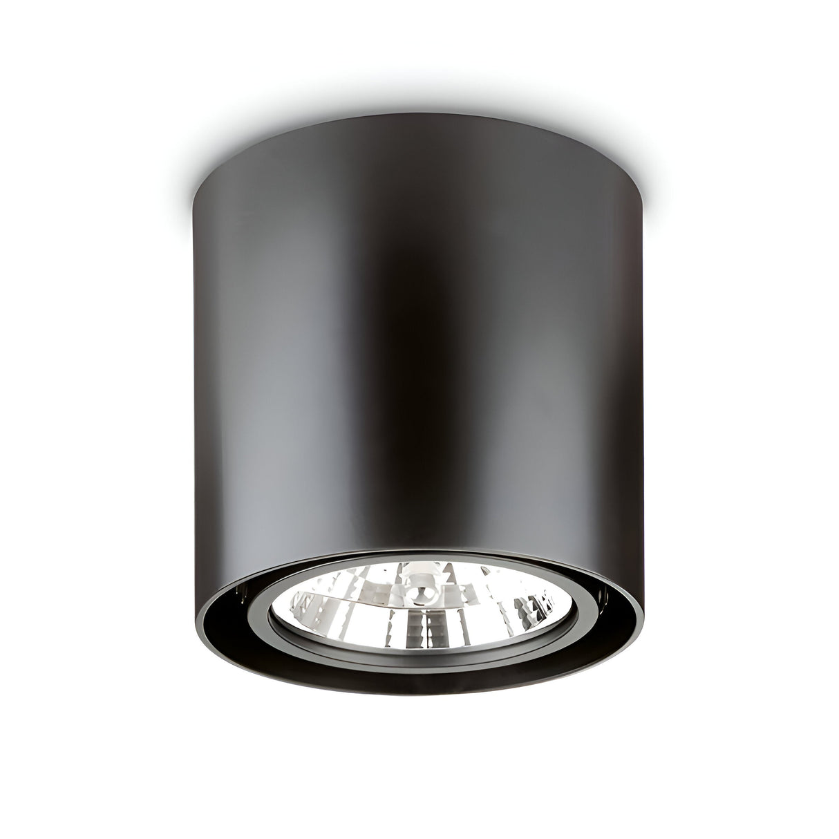 The Eclipsa Round Downlight - Black, 15cm is a modern, cylindrical ceiling fixture featuring a reflective interior, ideal for task lighting. When mounted on a white ceiling, its sleek and minimalistic design complements any contemporary space.
