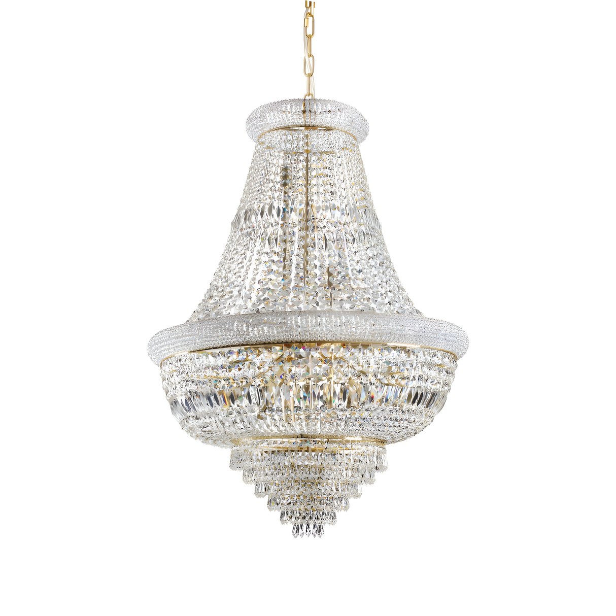 The Emberlit Crystal 24 Light Chandelier - Brass is a large, elegant fixture with multiple tiers hanging on a gold chain. It boasts a brass metal frame with intricate detailing and offers dimmable functionality, allowing its sparkling clear crystals to emit a luxurious glow against a plain white background.