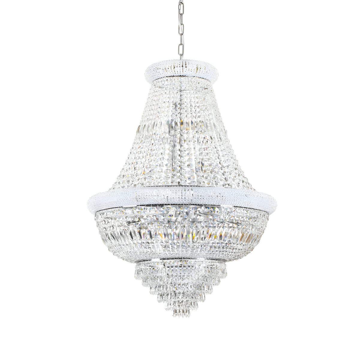 The Emberara Crystal 12 Light Chandelier - Chrome, showcasing opulent elegance, features a large and ornate tiered teardrop design. Suspended from a chain, it has multiple layers of sparkling clear crystals that beautifully reflect light, creating an atmosphere of unmatched luxury.