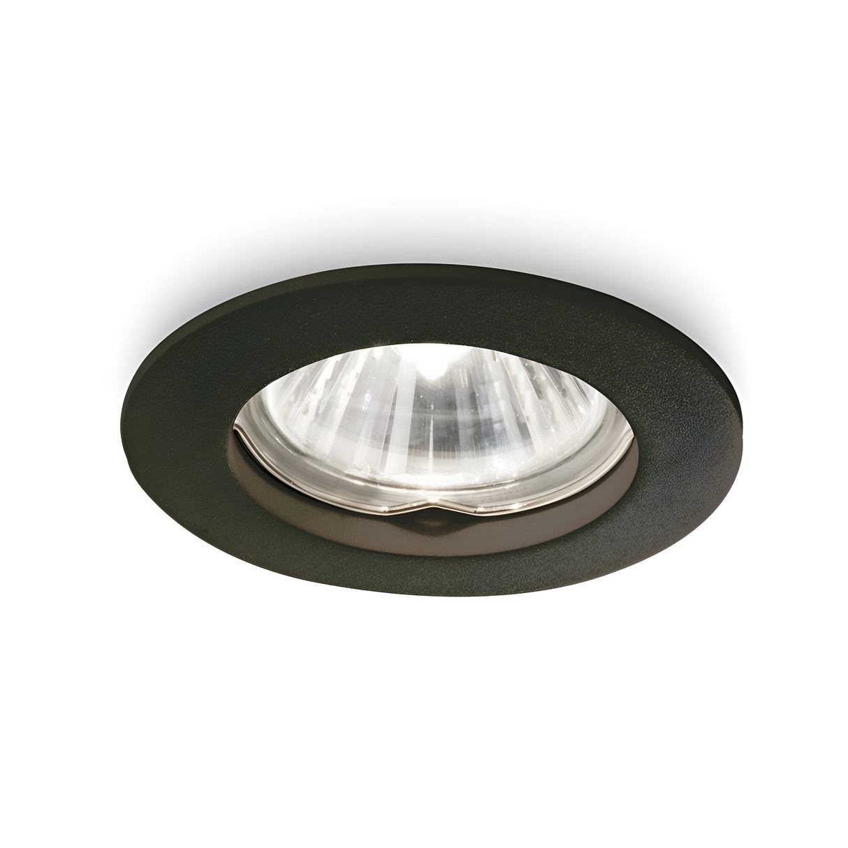 A close-up of the Glorix Recessed Downlight - Black showcases its sleek black finish and glass cover, perfectly centered in the image. This fixture embodies modern interiors with its streamlined design, highlighting both style and sophistication.