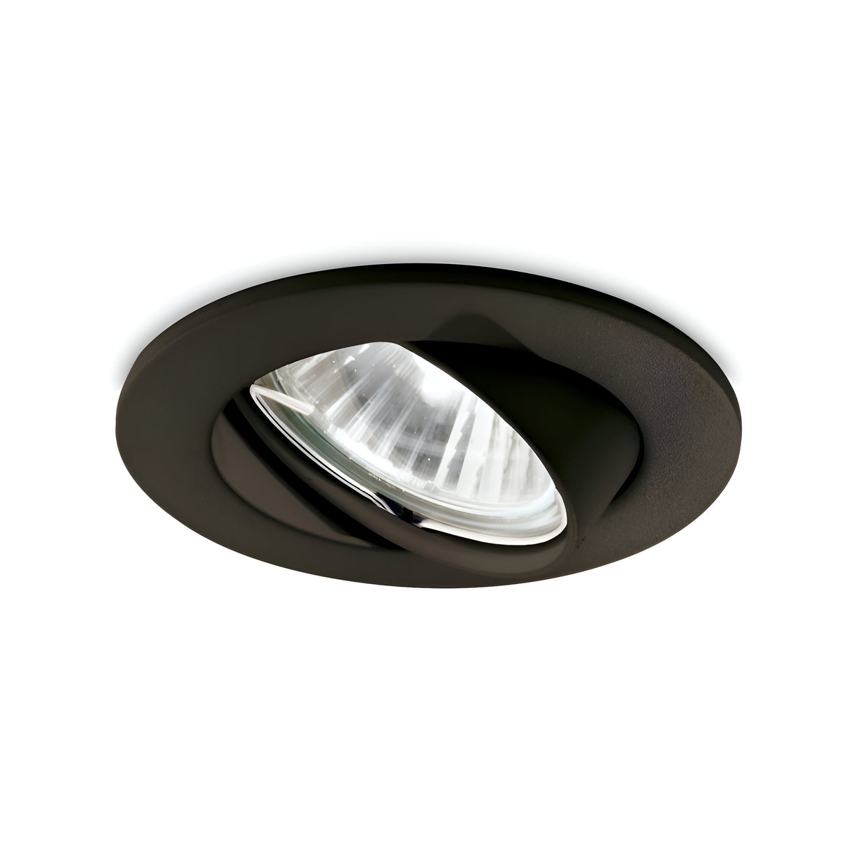 Introducing the Ozora Recessed Spotlight - Black: This adjustable, circular spotlight boasts a sleek black finish with a shiny, reflective surface, making it perfect for providing accent lighting in any space.