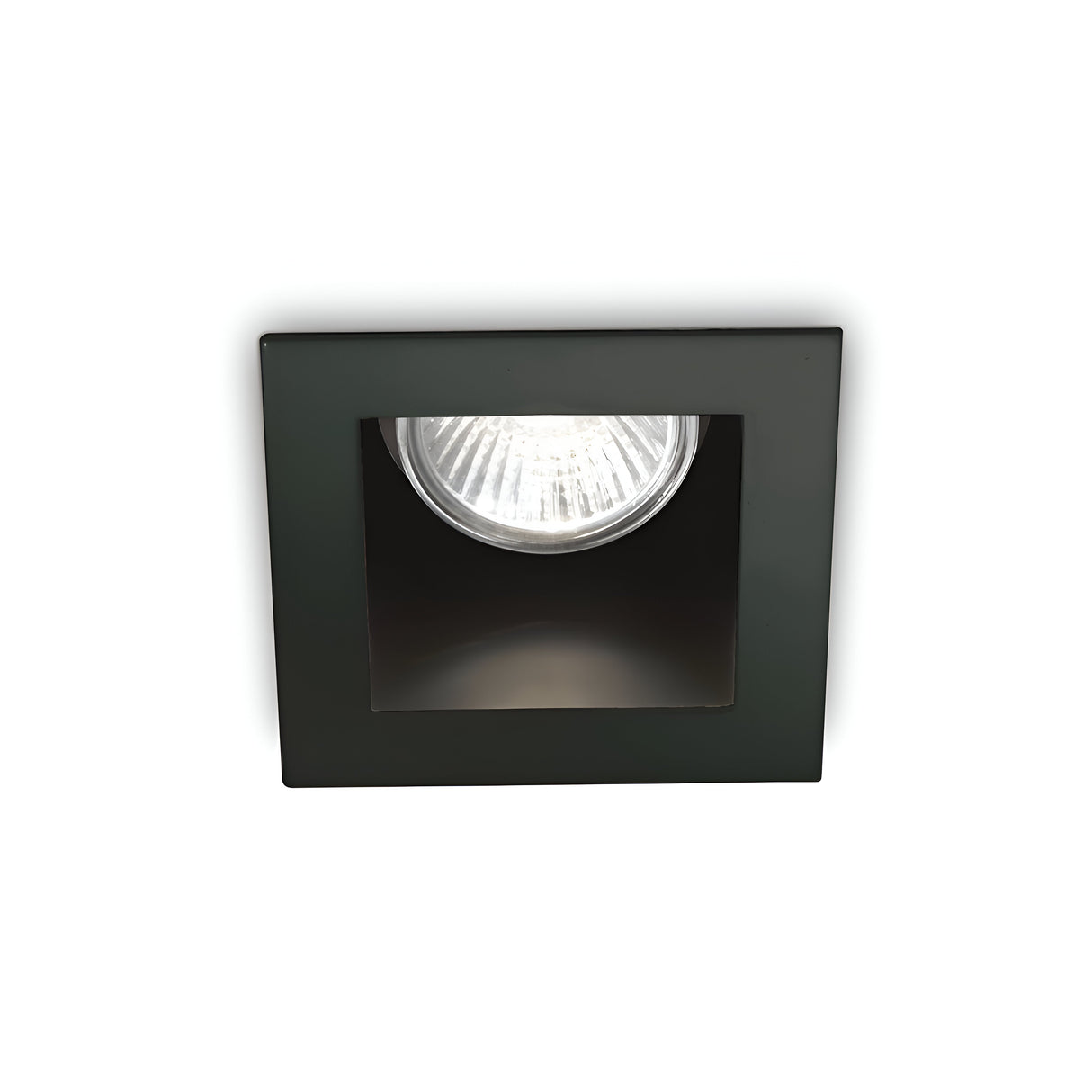 The Shimmer Recessed Downlight - Black features a square ceiling light fixture with a sleek black finish and a visible round bulb at its center. This modern piece is set against a white background, making it an ideal choice for adding understated elegance to any room.