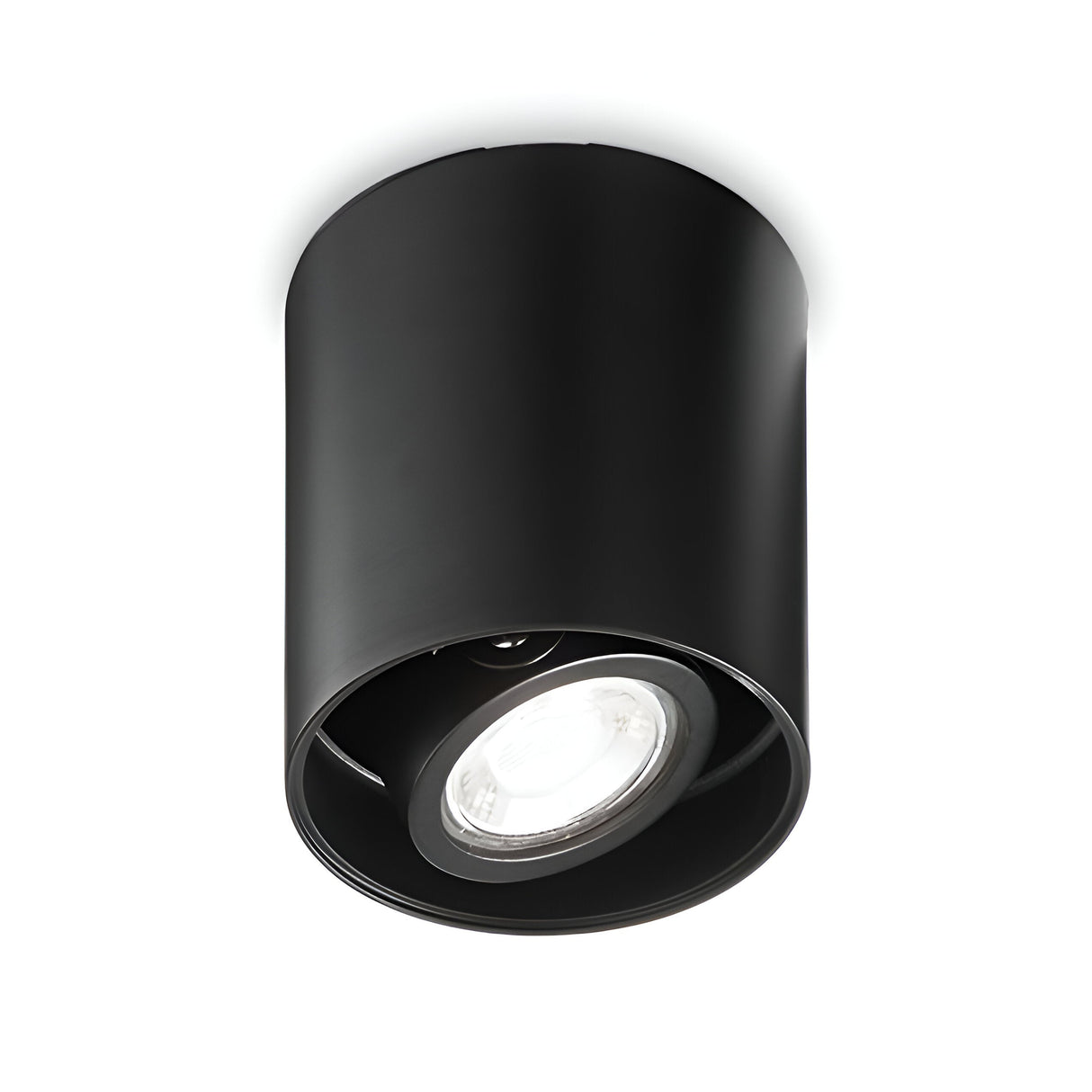 Introducing the Eclipsa Round Downlight in Black, 9cm—a sleek and modern ceiling light fixture with a cylindrical design. It features a stylish black finish and angles downward, providing minimalist lighting that’s ideal for contemporary interiors seeking modern solutions.