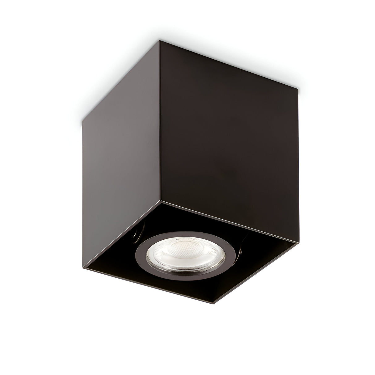 The Eclipsa Square Downlight - Black, 9cm is positioned at the center, featuring a recessed bulb for ambient lighting when viewed from below.