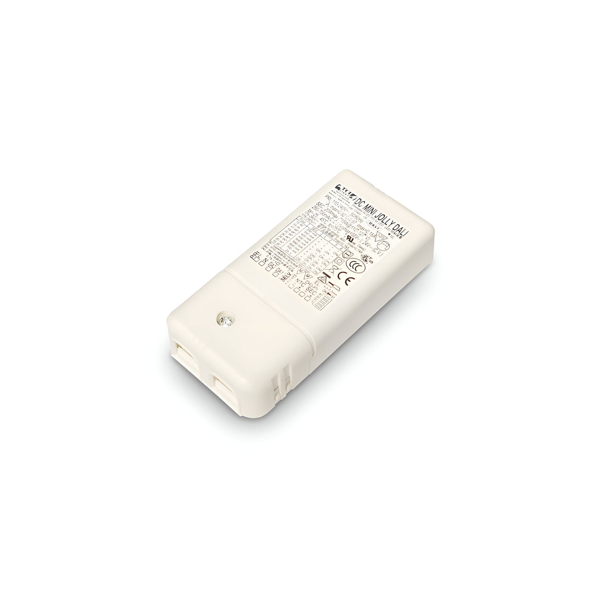 The Radiara Constant Current Dimmable LED Driver - 15W, 1-10V, 300mA is a rectangular white device with a smooth surface that displays various technical specifications and certification logos printed in black. It includes two small ports on one end and is elegantly placed on a plain white background, ensuring efficient constant current performance.