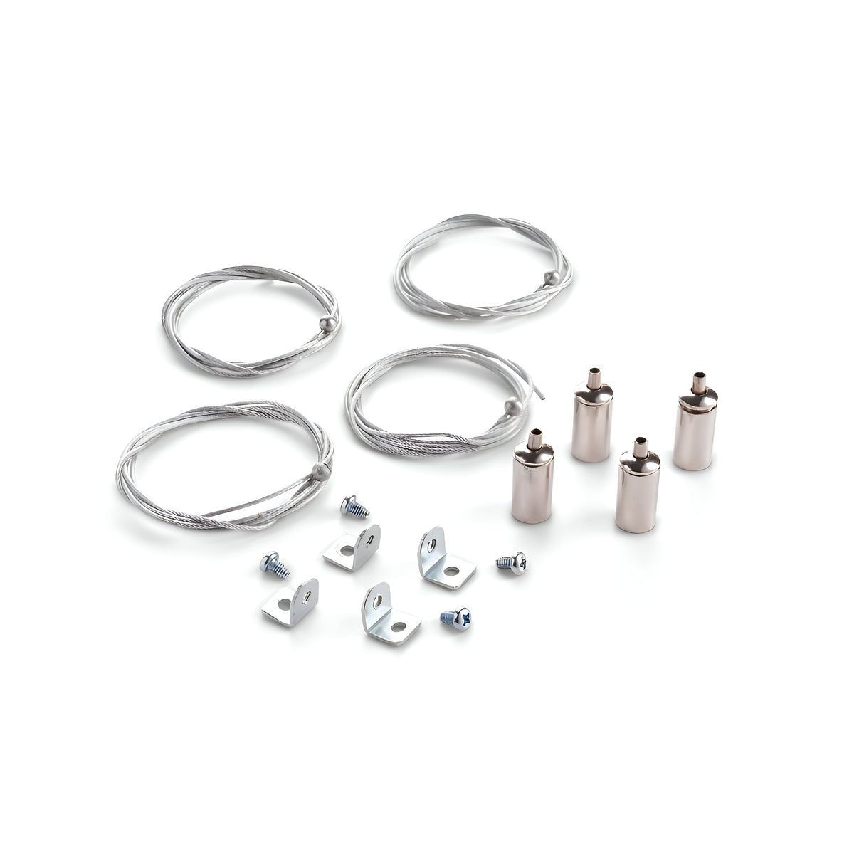 The Omera Metal Wall Mounting Bracket Set With Screws For Pendant is displayed, perfect for pendant lighting installation. It features four coiled wires, four cylindrical mounts, four small screws, and a metal wall mounting bracket. All components are neatly arranged on a white background to facilitate the easy installation of pendant lights.