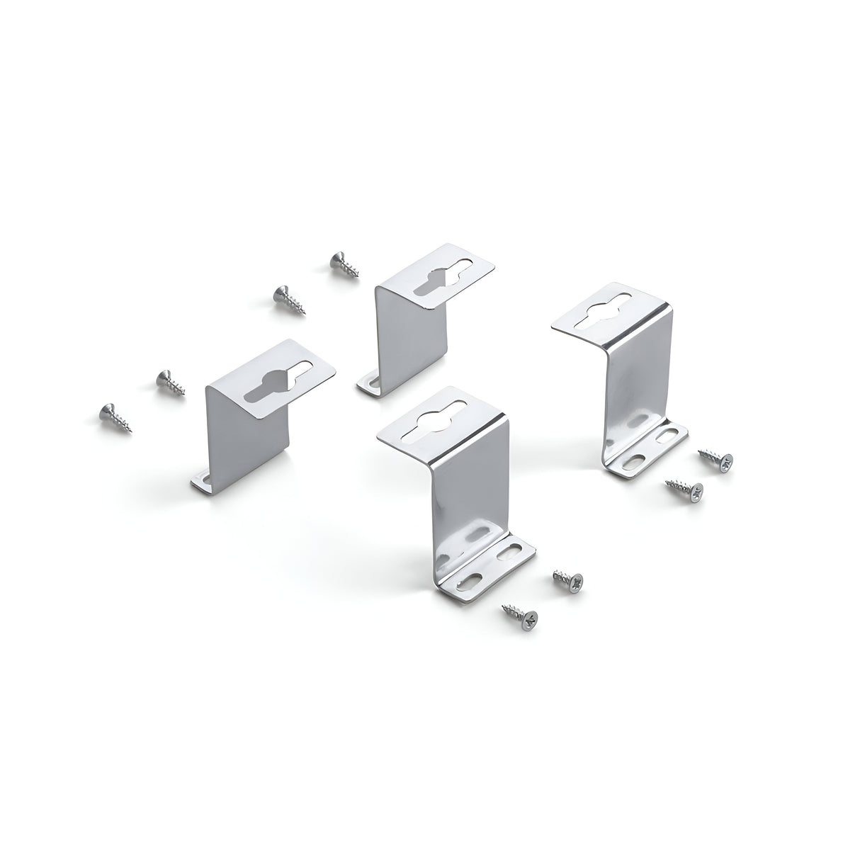 The Omera Metal Wall Mounting Bracket Set with screws for downlight is displayed on a white background. Three L-shaped brackets, designed for secure installation with a slot for mounting, are showcased alongside several scattered screws.