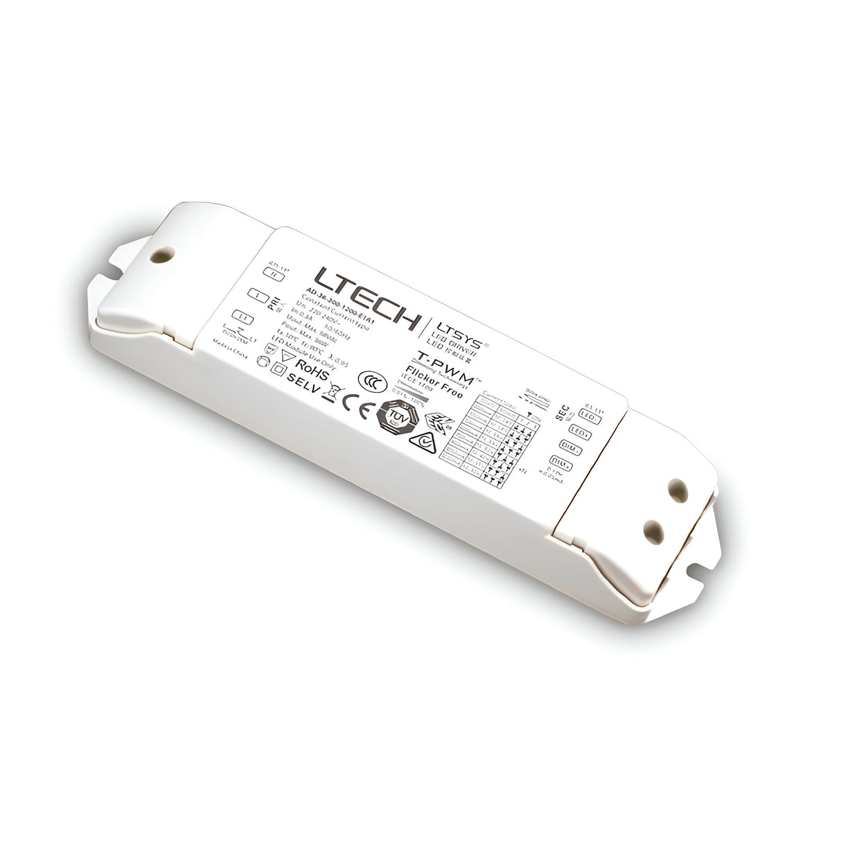 The image displays an Ecliptus Constant Voltage Dimmable LED Driver - 36W, 1-10V, designed for compatibility with 24V LED systems. It features dimming capabilities and showcases technical symbols and specifications on its rectangular surface with rounded edges and mounting holes at each end.