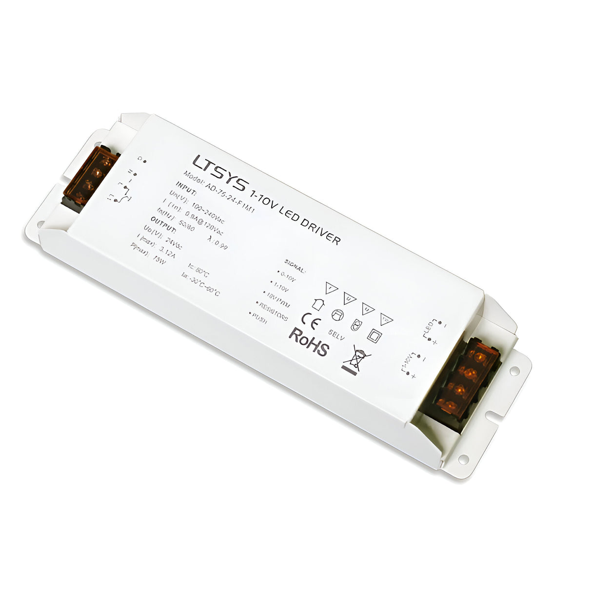 Here is a revised version of the sentence using the provided product data:
Image of an Ecliptus Constant Voltage Dimmable LED Driver. This energy-efficient LED setup includes model AD-35-700N and is designed for 24V systems. The white rectangular device features printed specifications, various symbols, and connectors on each end for seamless integration into modern lighting solutions.