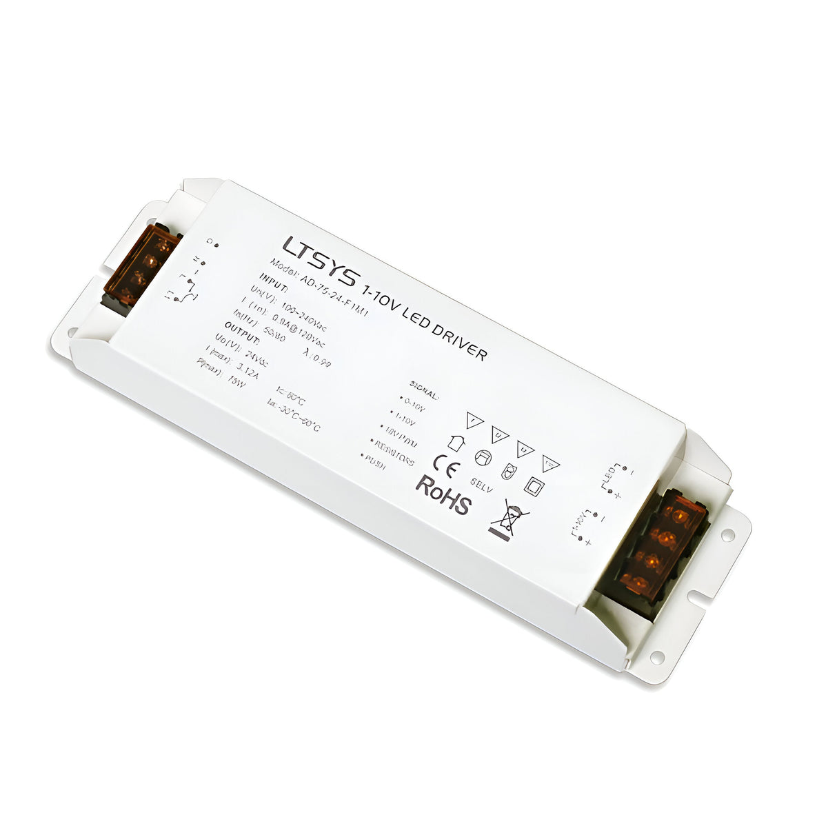 The Ecliptus Constant Voltage Dimmable LED Driver - 100W, 1-10V flaunts multiple symbols and technical specifications, promising reliable performance. It features terminal blocks on both ends and is designed for constant voltage dimmable 24V LED lighting systems, with RoHS compliance certification.