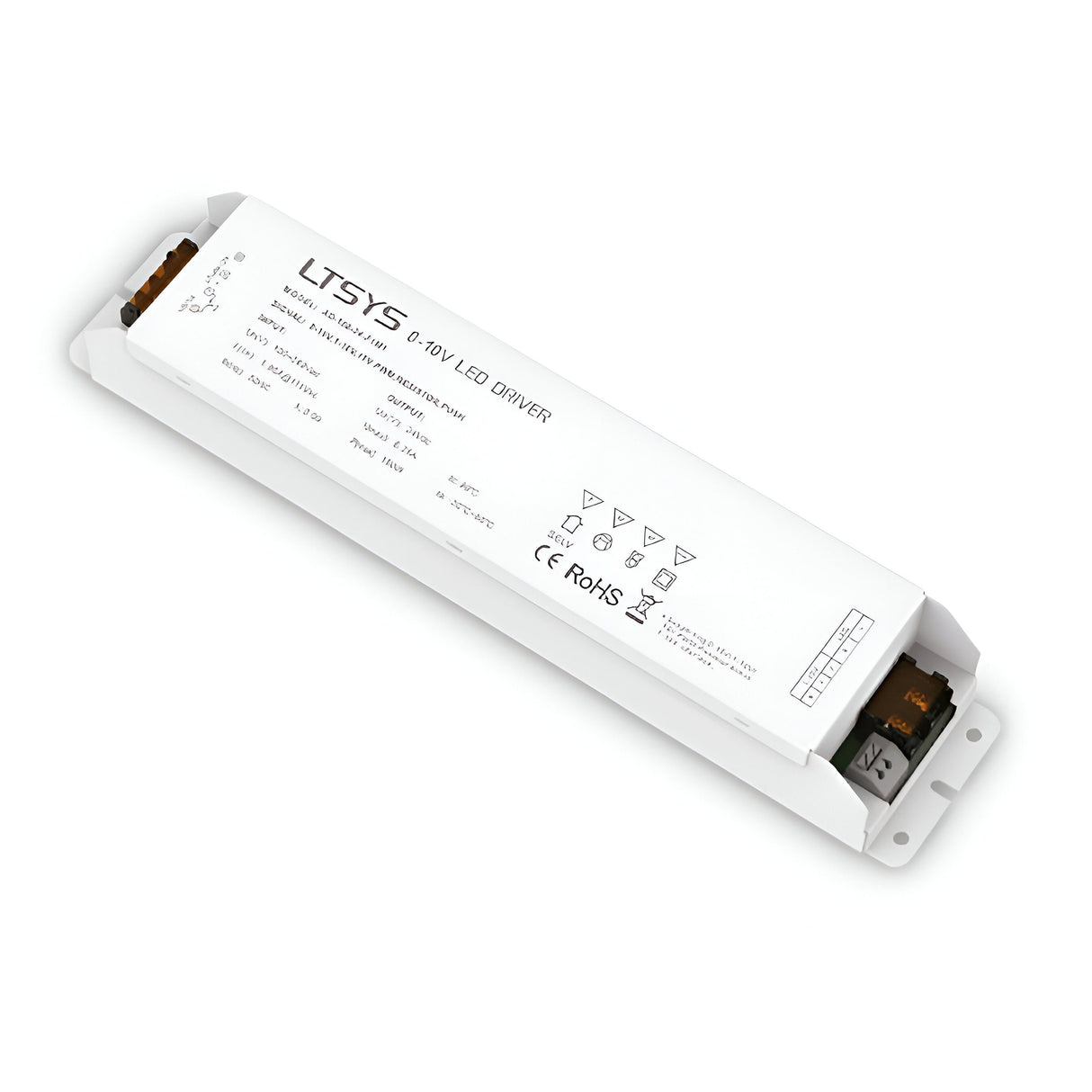 The Ecliptus Constant Voltage DALI & Push Dimmable LED Driver - 150W, 24V is an energy-efficient, rectangular white driver with electrical specs and certification symbols on its surface. Its slim design includes end brackets and side ports, ideal for dimmable LED configurations.