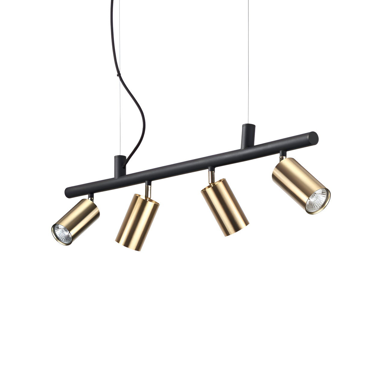 The Emberfield 4 Spotlight Suspension boasts a sleek, modern design with a black horizontal bar and four adjustable gold spotlights hanging below. Finished in brass and suspended by two cables and a power cord, this light fixture stands out against its white background, offering an elegant lighting choice for any room.