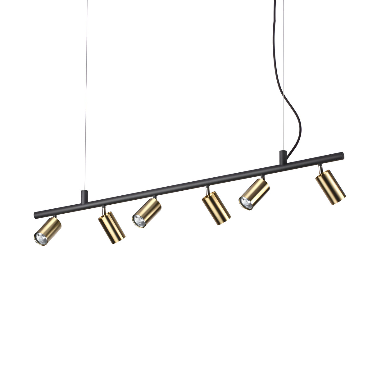 The Emberfield 6 Spotlight Suspension - Brass boasts a contemporary design with a sleek black horizontal rod and six adjustable spotlights in a brass finish. It is elegantly suspended by two thin wires and a black cord, providing customizable lighting options to complement any space.