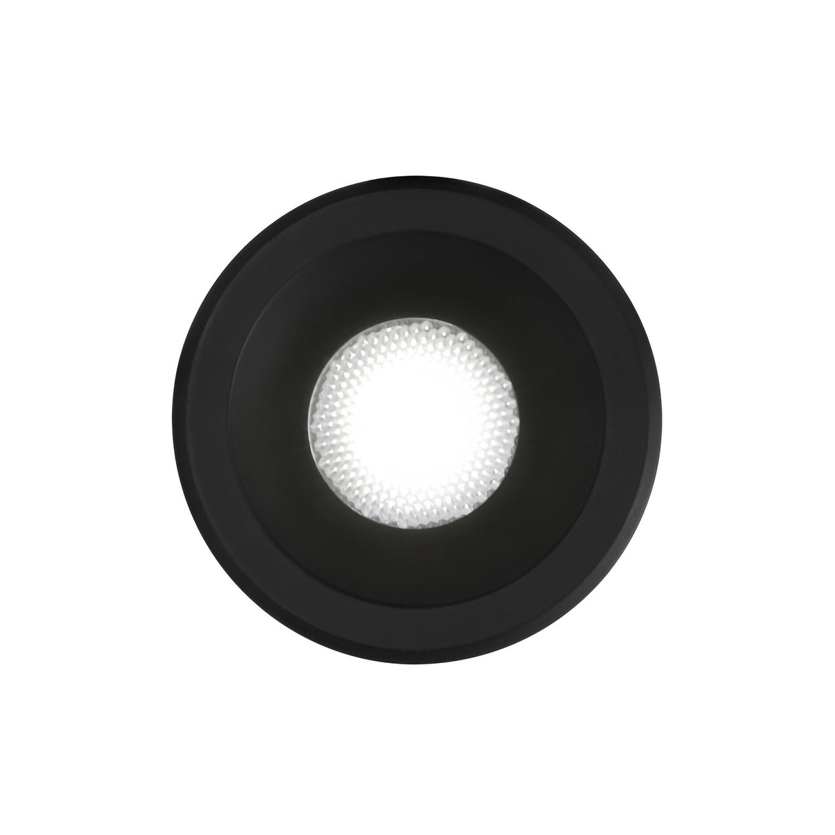 Introducing the Glowlight LED Recessed Downlight - Black, featuring an elegant circular design with a black frame and energy-efficient lighting. Its grid-like pattern emits a soft white glow, seamlessly combining style and functionality for any contemporary setting.