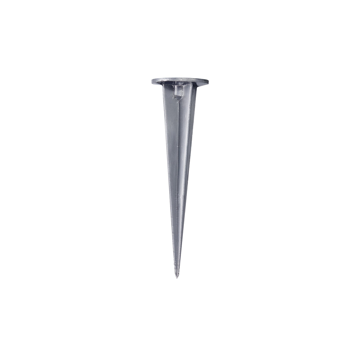 Product Description: The Solarium Spike For Outdoor Spotlight - Grey is a single, metal ground spike featuring a flat circular top and a tapered, pointed end, ideal for securing outdoor spotlight fixtures in garden lighting setups. This item is isolated on a white background.