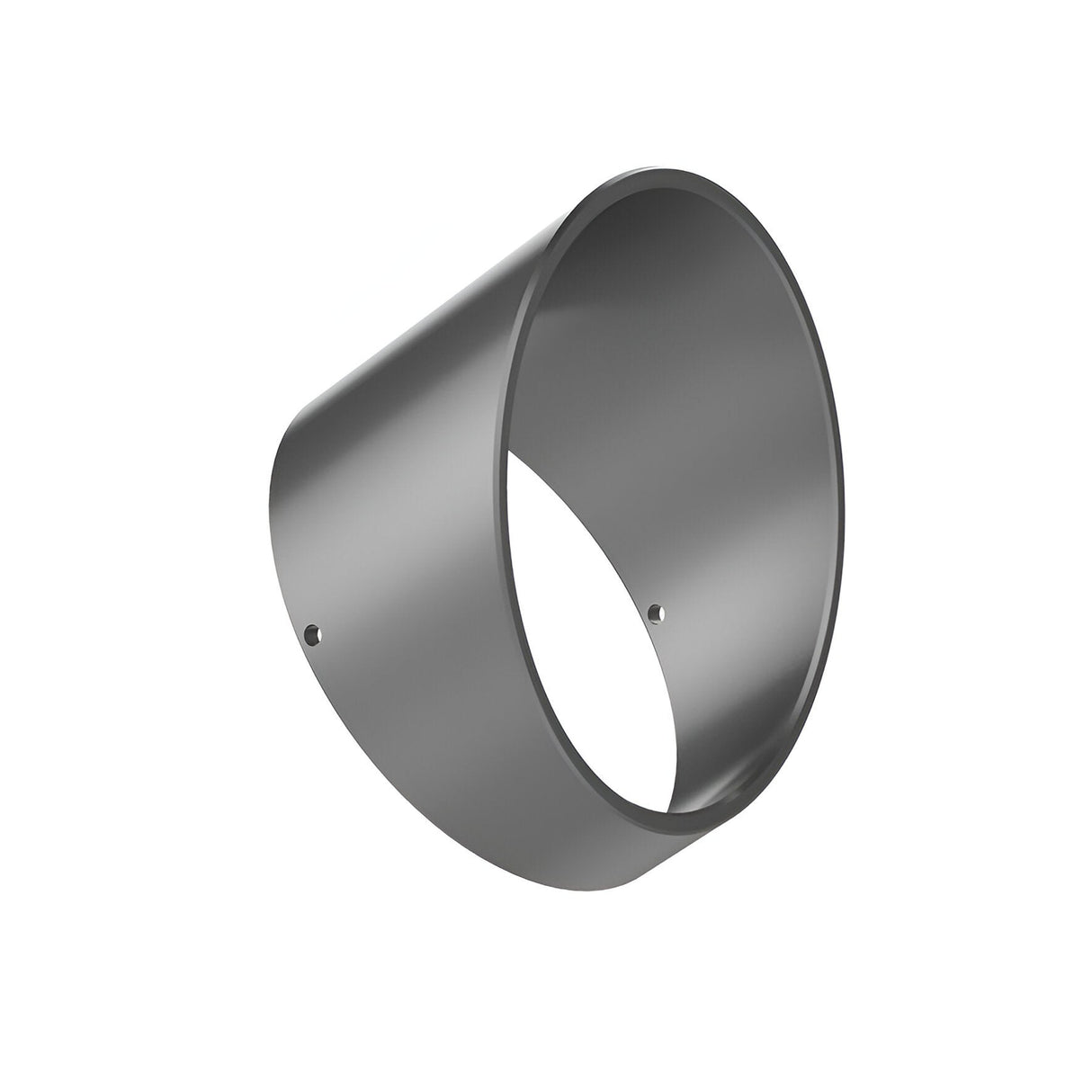 The Solarium Glare Protection for Outdoor Spotlight in grey is a powder-coated aluminium cylinder with a smooth finish and an angled cut on one end. Designed with two small mounting holes on the side, it is perfect for outdoor lighting setups, helping to minimize glare. The background is white.