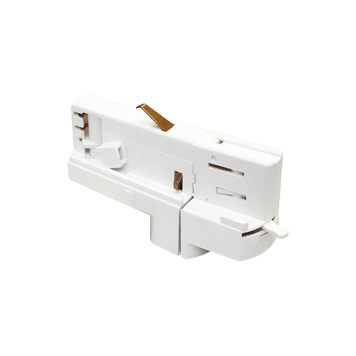 The Brillia Dimmable 3-Phase Track Adapter - White is a white plastic component accented with brown and features slots and connectors on its surface. This rectangular track adapter includes a protruding lever, designed for seamless integration into any durable lighting system. It is set against a plain white background.