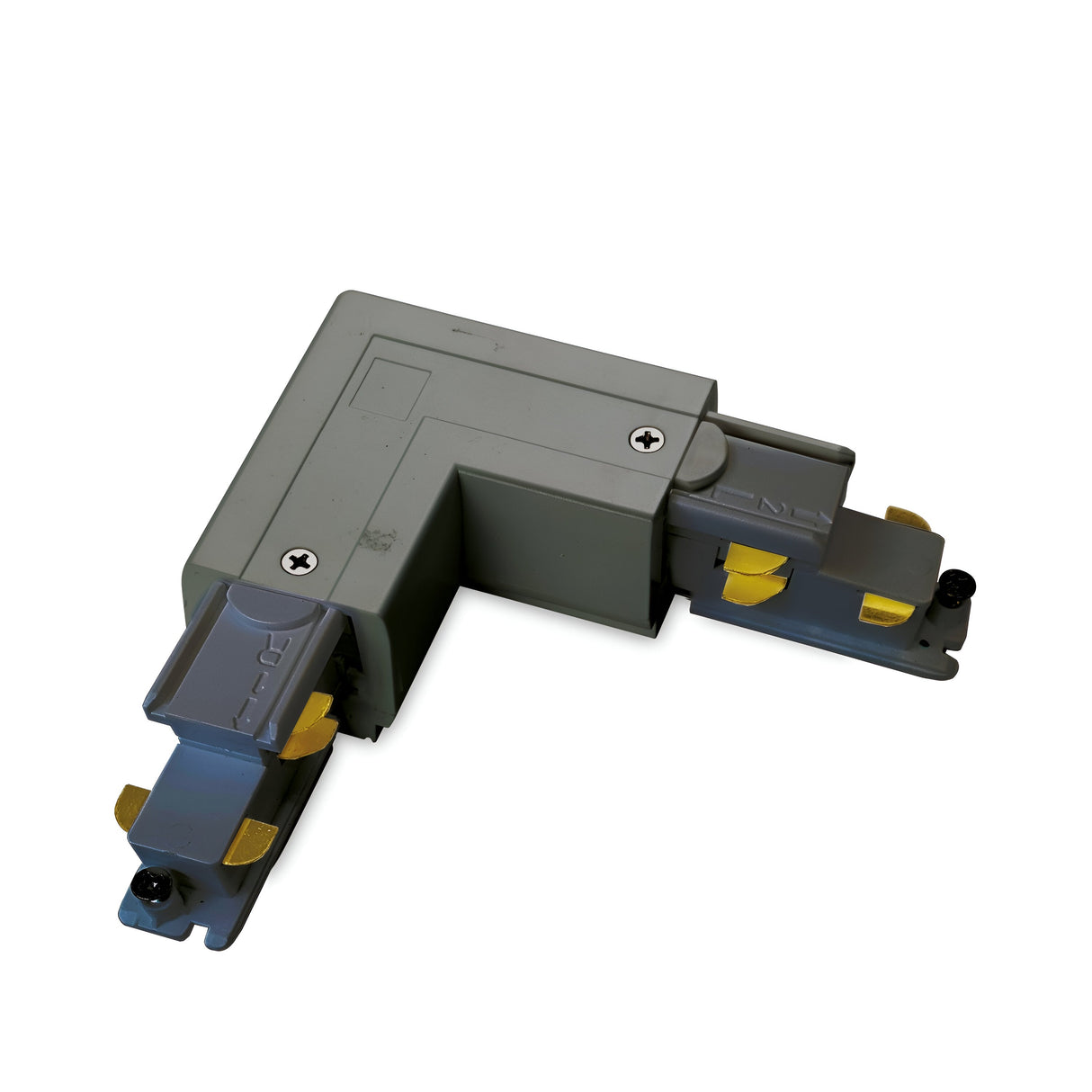 The Brillia T3-Phase rimless L-Connector Track Right, featuring a gray body with yellow brass connectors at both ends, is displayed on a white background and is perfect for dimmable 3-phase track lighting.