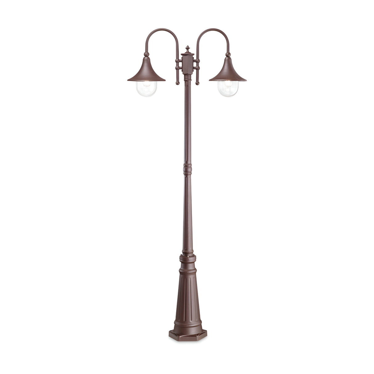 The Lumis Twin Head Lamp Post - Brown is a tall street lamp made from die-cast aluminum, featuring two curved arms with bell-shaped shades that encase clear bulbs. Its classic design and decorative base provide timeless outdoor illumination against a pristine white backdrop.