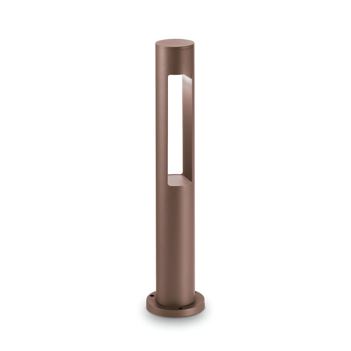 The Glintwave Outdoor Bollard Light - Brown is a cylindrical lamp with a matte brown finish, featuring a vertical rectangular cut-out positioned one-third from the top, crafted from turned aluminium and attached to a round base.