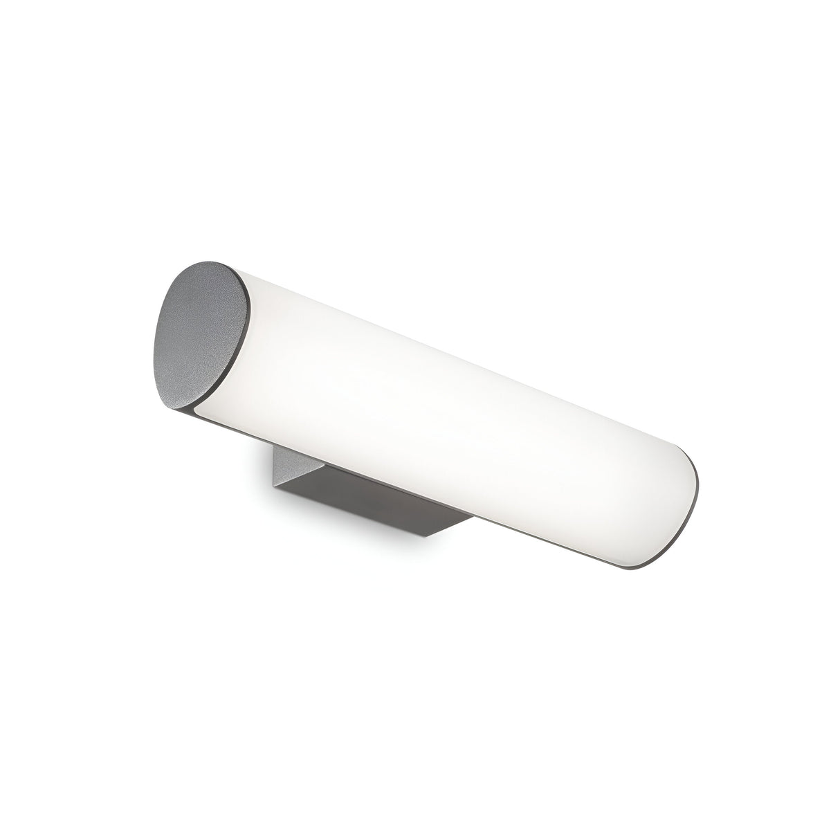 Introducing the Glintis LED Bathroom Mirror Light 9.5W 3000K - Anthracite, featuring a minimalist cylindrical design with a frosted white diffuser and anthracite end caps mounted on a matching base. This energy-efficient fixture emits a soft glow, making it an ideal choice for modern interior decor.