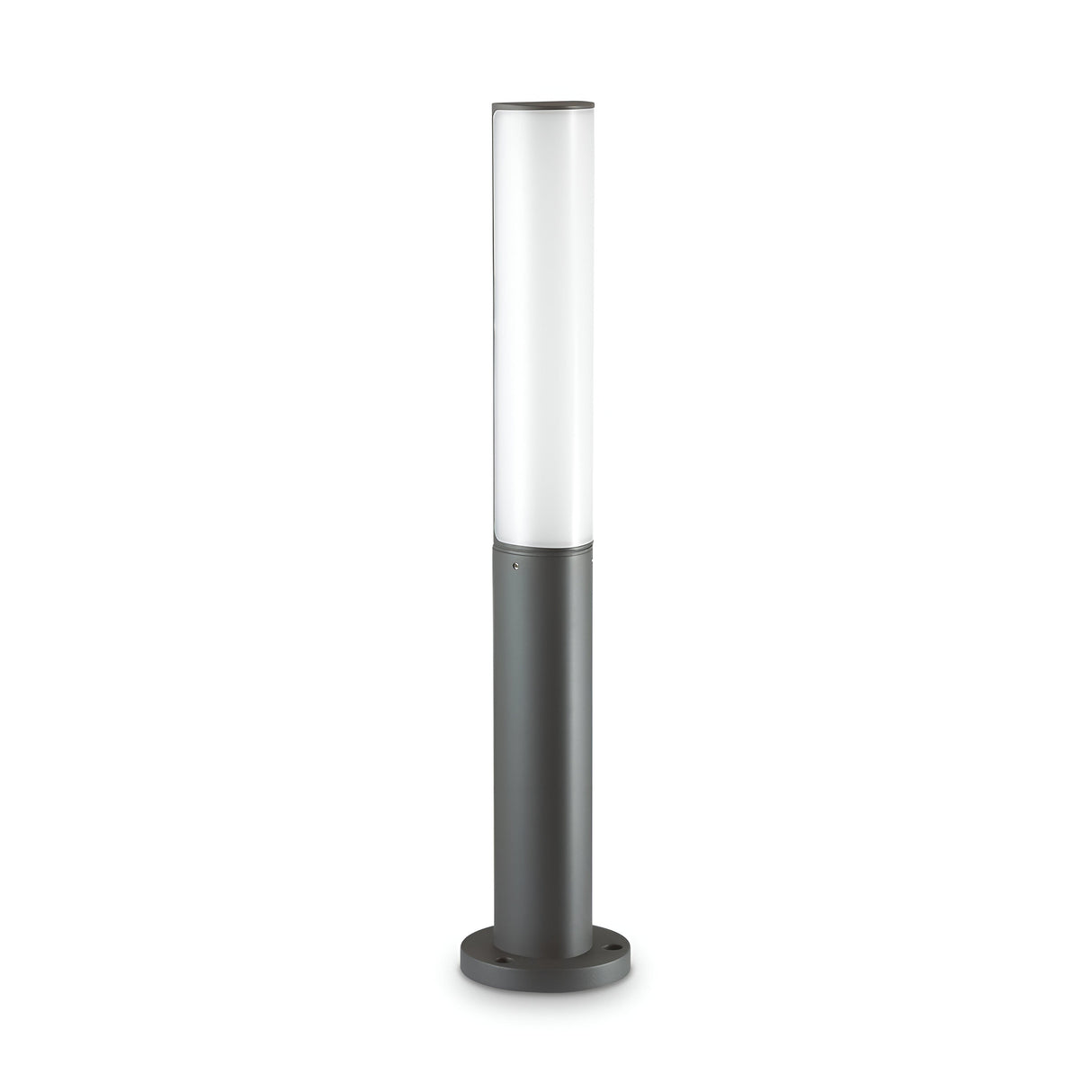 The Glintis Outdoor LED Bollard Light in anthracite features a contemporary cylindrical design with a white upper section and an anthracite lower section, mounted on a round base. Its 9.5W energy-efficient design ensures both style and sustainability at a color temperature of 3000K.