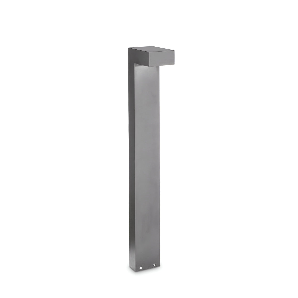 The Luma Outdoor Bollard Light - Grey, 80cm is a sleek and modern lighting option with a tall rectangular metal body and flat top. It offers a durable lighting solution with a minimalist design, finished in dark grey, making it ideal for illuminating pathways or gardens.