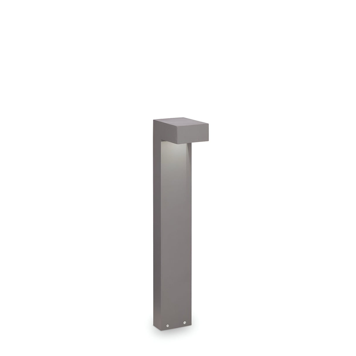 Introducing the Luma Outdoor Bollard Light in Grey, standing at 60cm tall, featuring a modern, minimalist design with a tall rectangular shape and a sleek dark gray finish. This bollard lamp gently emits light from the top underside, making it an ideal choice for adding stylish pathway or landscape lighting to your garden.