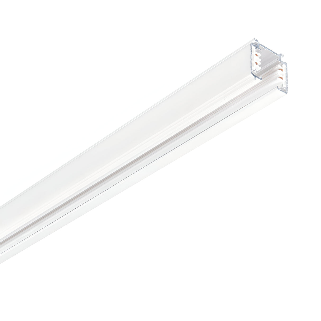 A close-up image of the Brillia Dimmable 3-Phase Trim Profile Surface-Mounted Track 2m 1-10V in white, showcasing its sleek and minimalist design. Encased in a clear, rectangular housing, this track lighting highlights the LED bulbs within. The plain white background emphasizes the modern appearance of this versatile fixture.