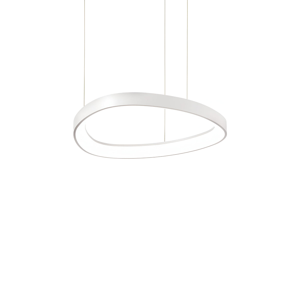 Presenting the Zephra LED Light Suspension 38W 3000K - White, a minimalist pendant featuring an oblong frame in white. Its elegant design captures a modern aesthetic, elegantly suspended by slender wires against a simple white backdrop.