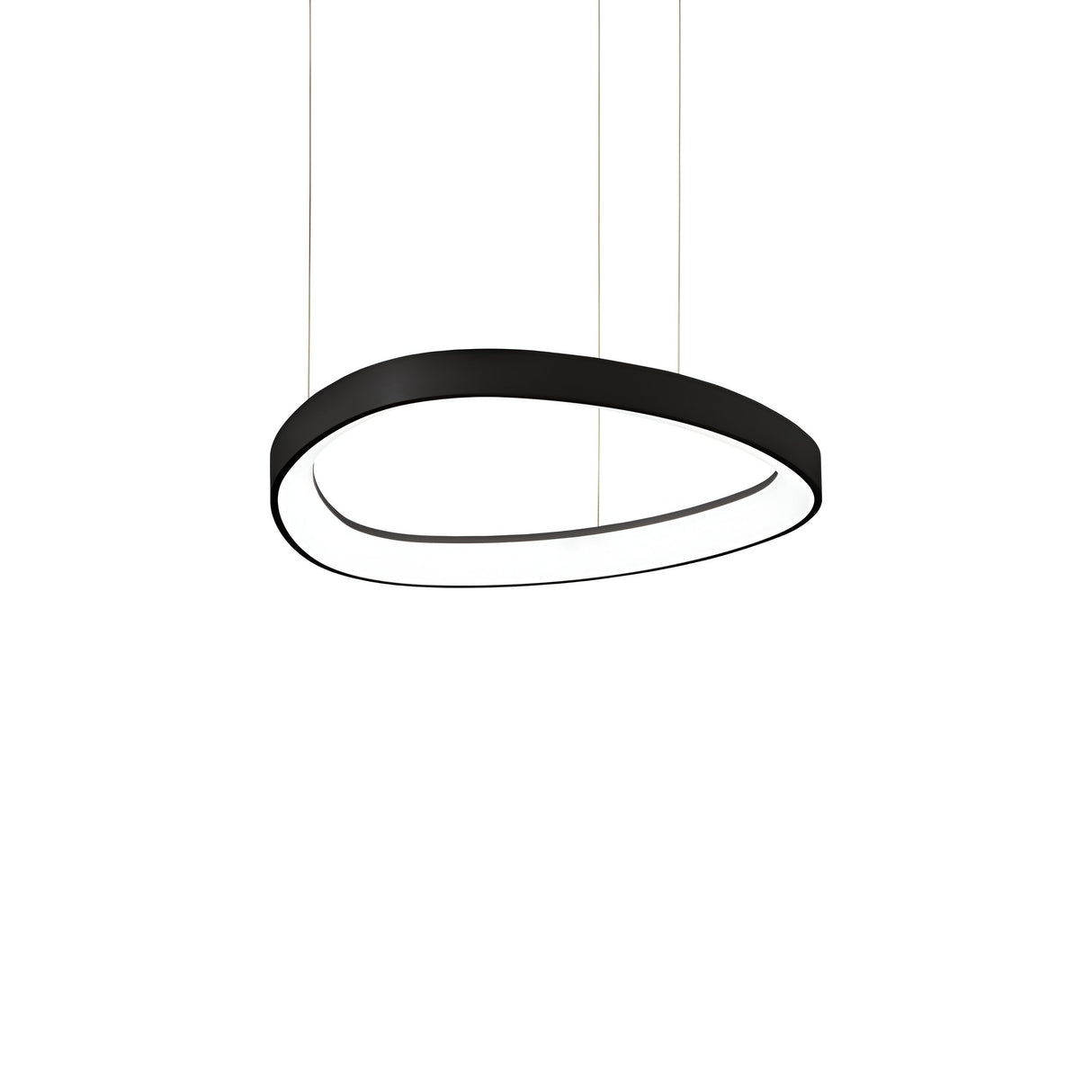 The Zephra LED Light Suspension 38W 3000K in black, with its sleek and modern oval shape, features an inner white surface that emits a soft glow. Measuring 42cm, this minimalist light fixture becomes a focal point in contemporary interiors, creating striking contrast against a plain white backdrop.