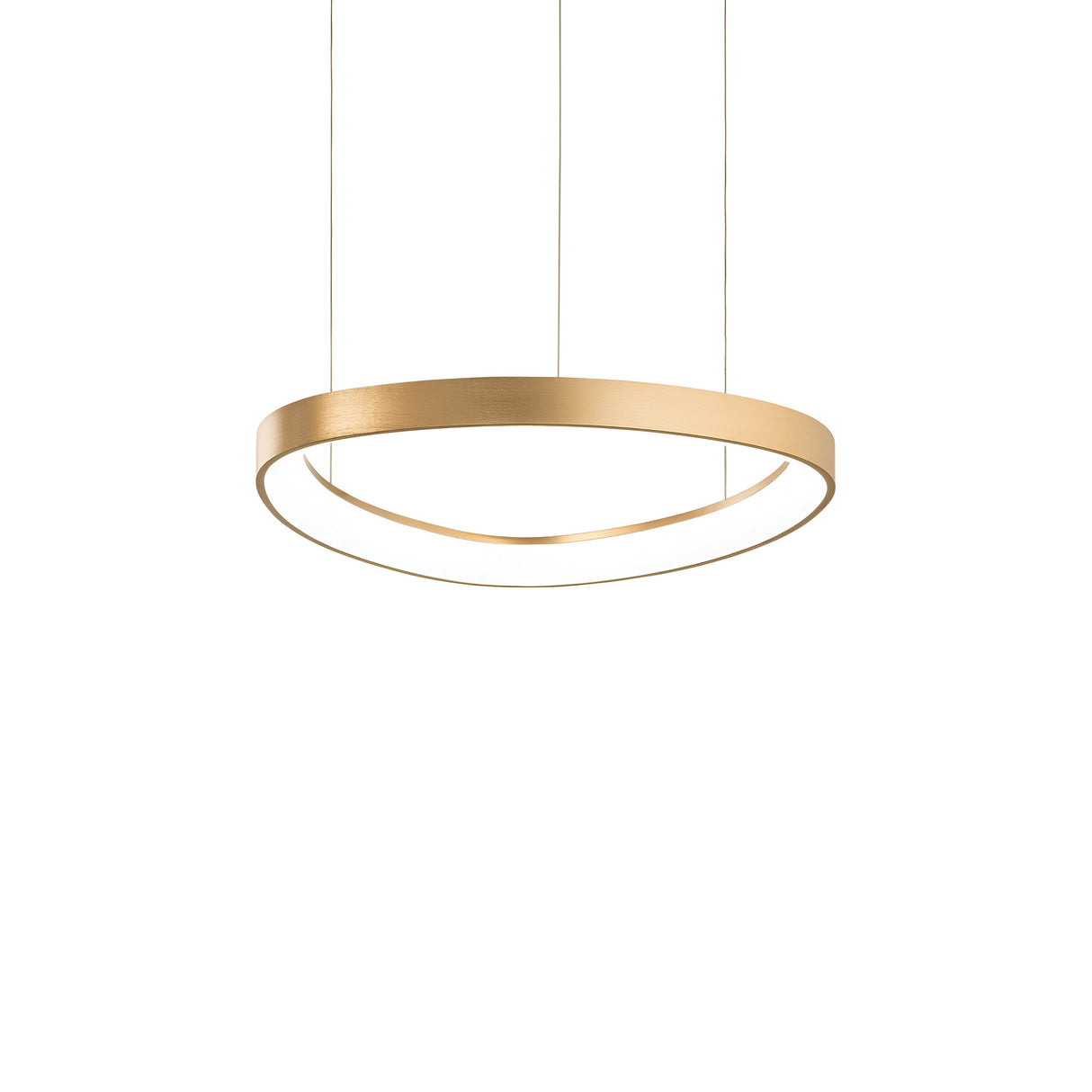 The Zephra LED Light Suspension 38W 3000K - Brass, measuring 42cm, is a modern circular pendant light with a polished brass finish, elegantly suspended by two delicate wires against a simple white backdrop. This minimalist lighting piece radiates a gentle glow from its inner ring, exemplifying contemporary sophistication.