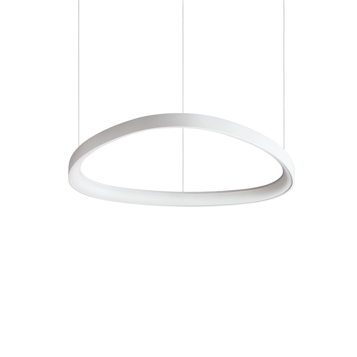 A contemporary, minimalist Zephra LED Light Suspension 48W 3000K - White, 61cm hangs against a plain white background. Its asymmetrical oval shape radiates sleek modern elegance, perfectly integrating with contemporary interior aesthetics.