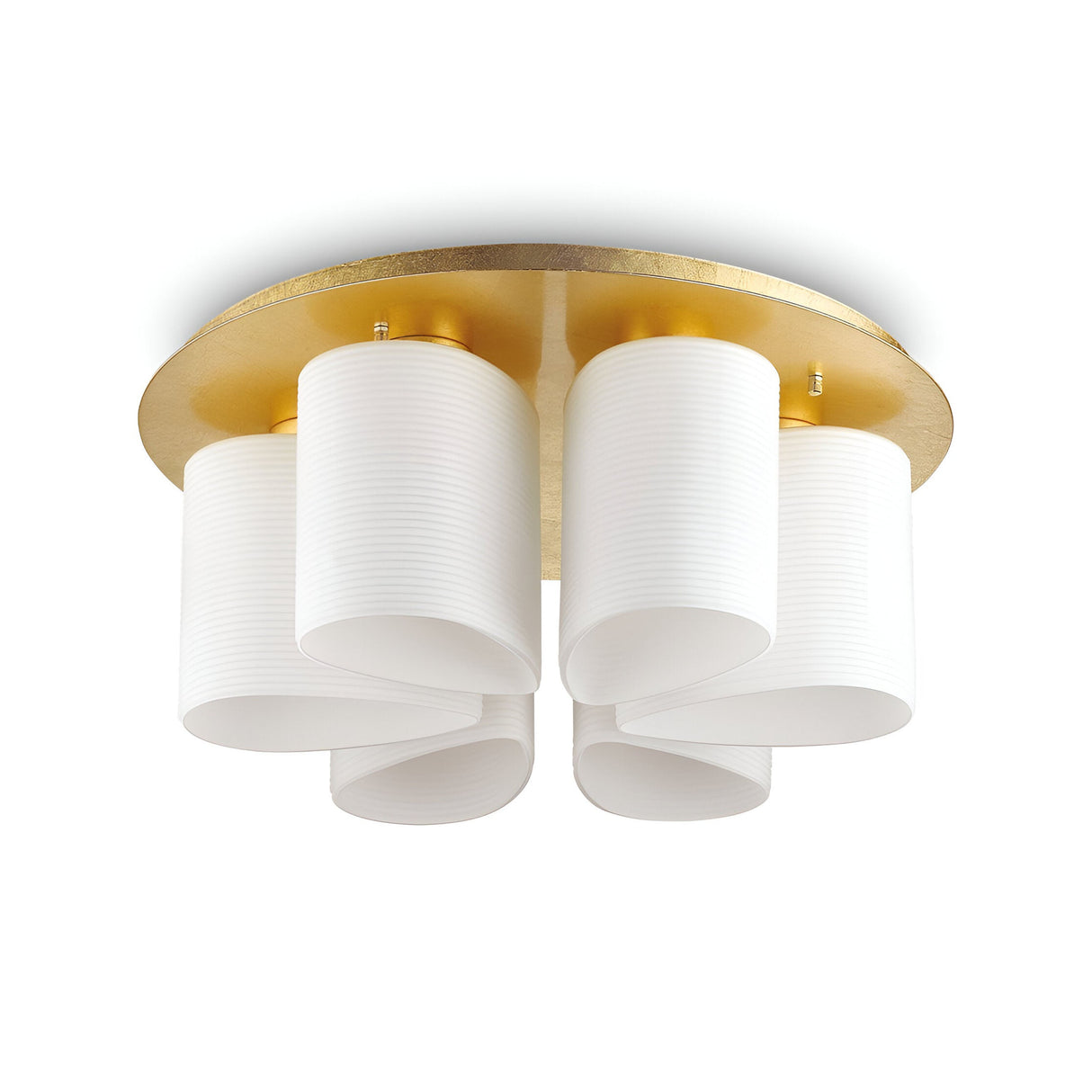 The Lucina 6 Light Flush features a modern design with a circular gold base and five white cylindrical shades. It offers dimmable functionality for adaptable ambiance, while its ribbed texture introduces a contemporary flair. The symmetrical design elegantly contrasts against the plain white backdrop.