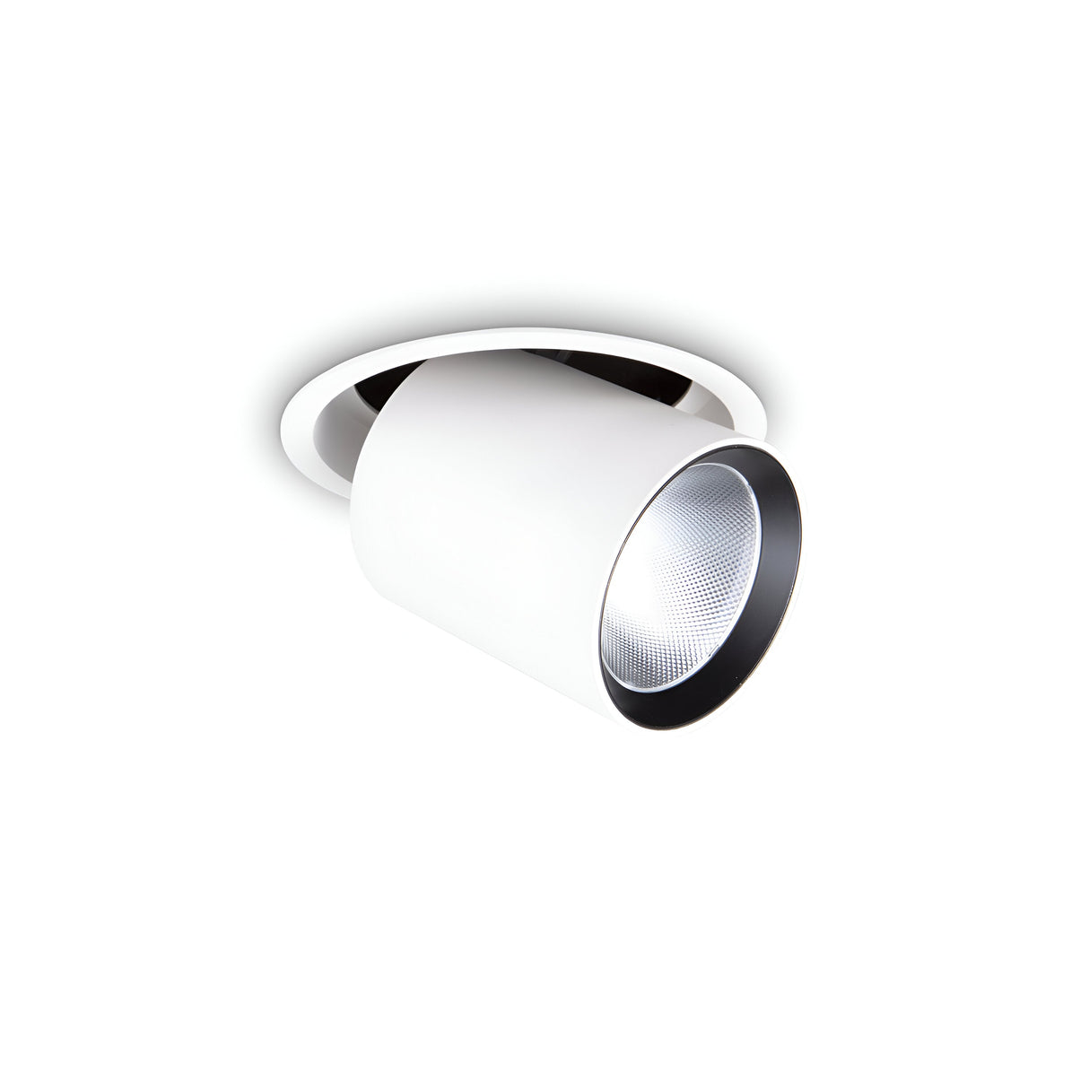 A contemporary Solis LED Single Recessed Spotlight, featuring an adjustable cylindrical design in white with a black inner rim and reflective interior, casts a warm 3000K light downwards on the plain white ceiling.