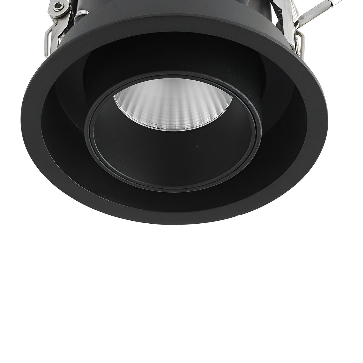 Close-up view of the Solis LED Single Recessed Spotlight 12W 3000K in black, showcasing its round design. This spotlight features a circular opening with metal clips for easy installation and offers warm, adjustable lighting with a reflective interior.