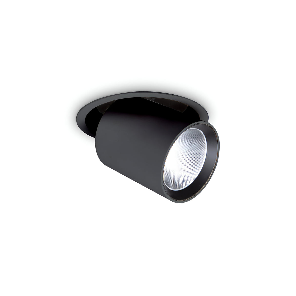 The Solis LED Single Recessed Spotlight 30W 3000K in black is a sleek and cylindrical fixture with a textured interior. It mounts on the ceiling and provides modern, minimalistic lighting with adjustable downward direction.