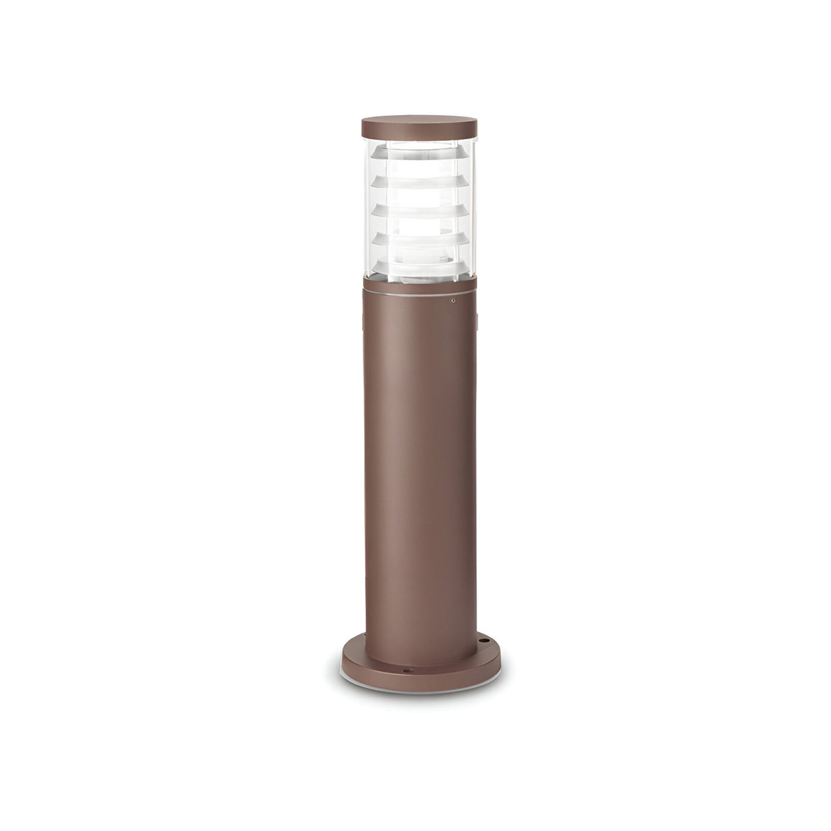 Introducing the Luminis Outdoor Bollard Light - Brown, 60cm: a modern cylindrical light crafted from durable die-cast aluminium. It features a brown metal base and a clear top section with horizontal slats to diffuse light effectively, making it an ideal choice for garden lighting or pathway illumination.