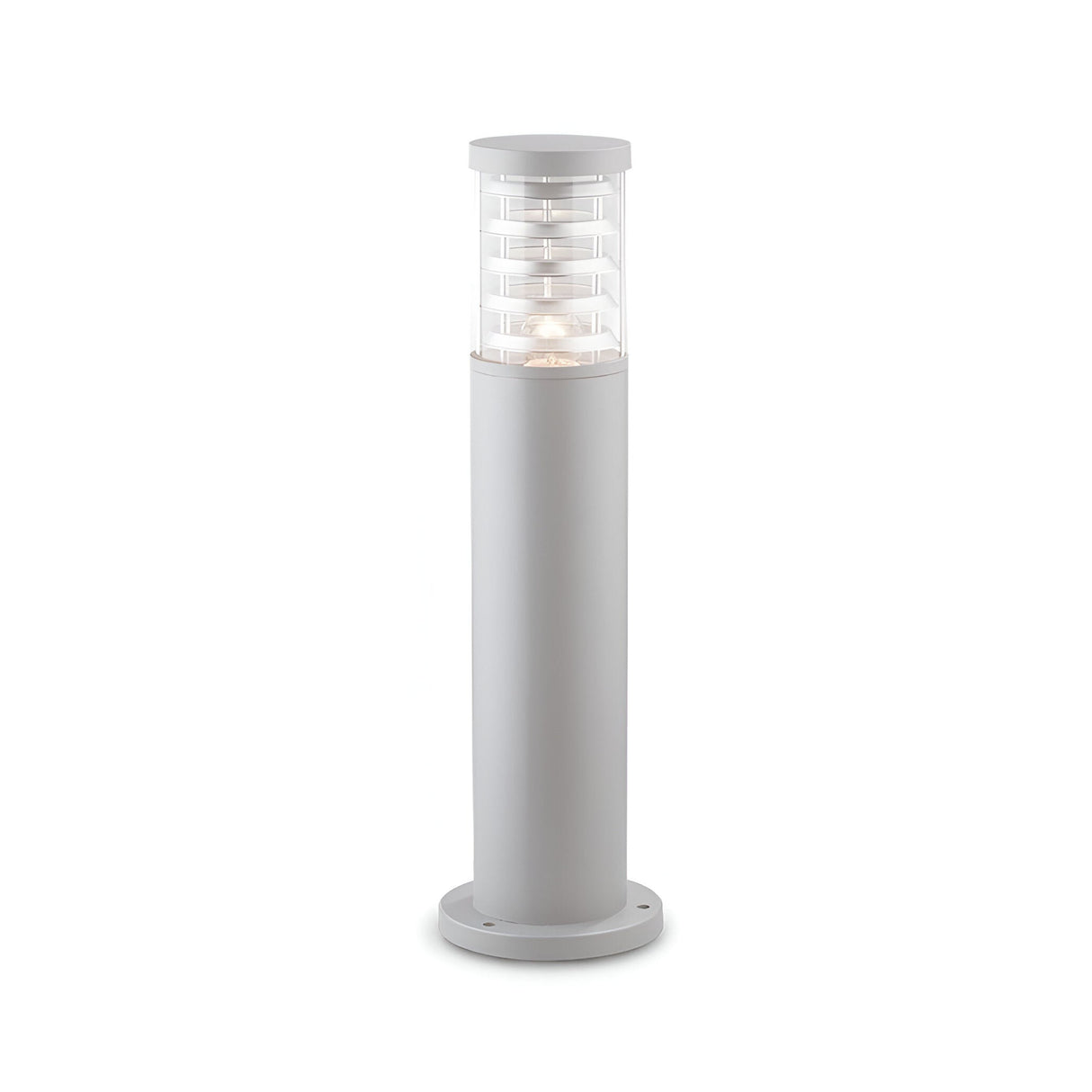 Introducing the Luminis Outdoor Bollard Light in grey, standing at 60cm tall. This contemporary lighting fixture boasts a sleek cylindrical design with a durable die-cast aluminum construction. Its top portion showcases a unique stacked arrangement complemented by clear Pyrex glass diffuser panels for optimal light transmission, while the solid lower half is grounded by a round base, ensuring stylish and efficient illumination for your outdoor spaces.