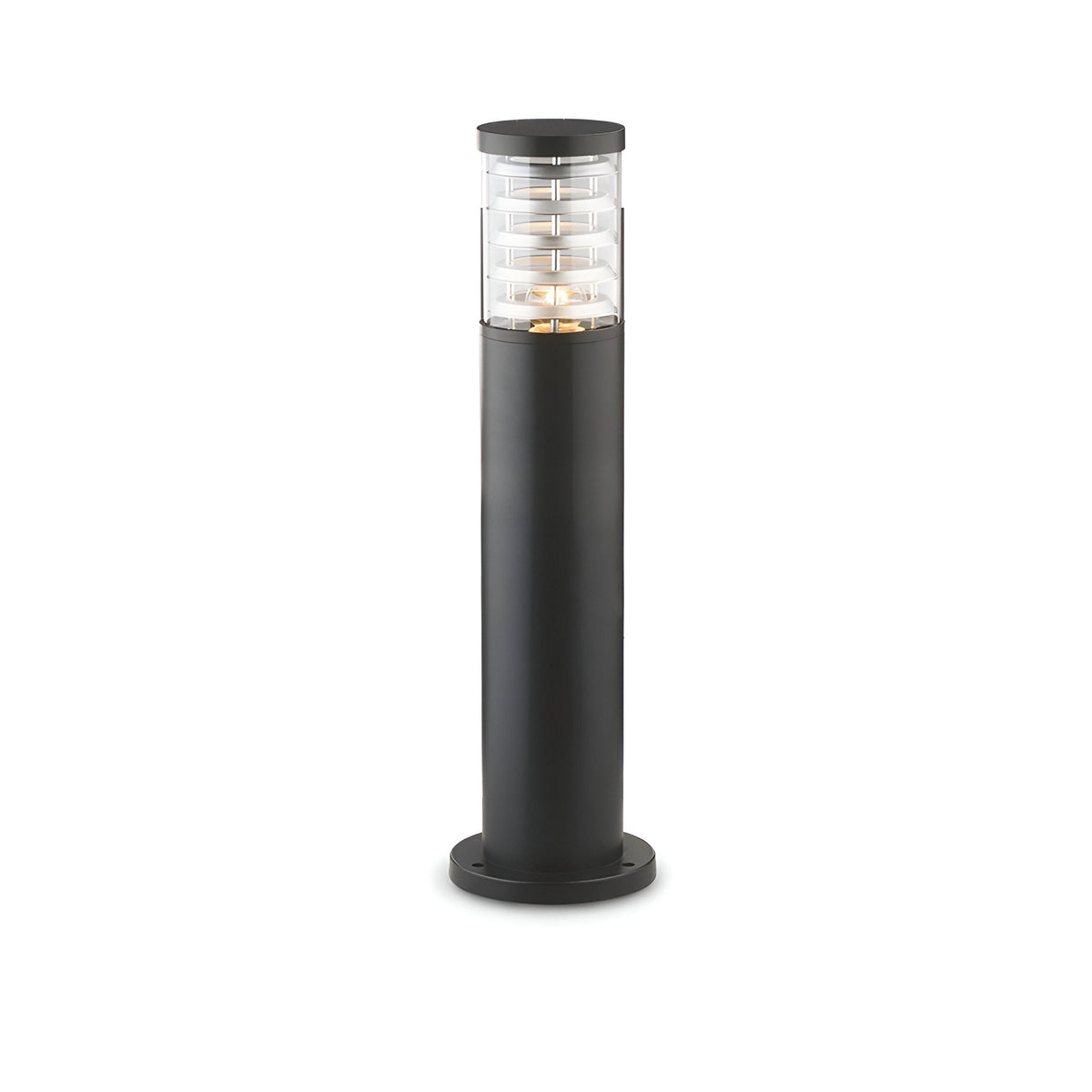 The Luminis Outdoor Bollard Light - Black, 40cm, is a stylish outdoor fixture featuring a cylindrical body and Pyrex glass diffuser with layered rings. It is crafted from die-cast aluminum and stands on a round base, perfect for illuminating pathways or gardens.