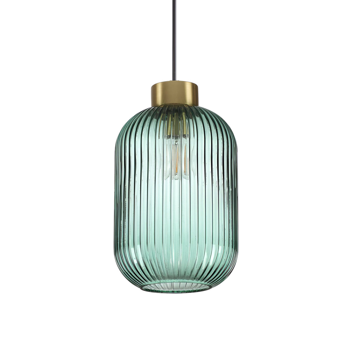 The Fluxia-1 1 Light Glass Pendant in green showcases a modern ribbed glass design with a brass top suspended gracefully from a black cord. Its contemporary appeal is highlighted by the visible lightbulb within the transparent glass, and it offers dimmable technology for customizable ambiance.