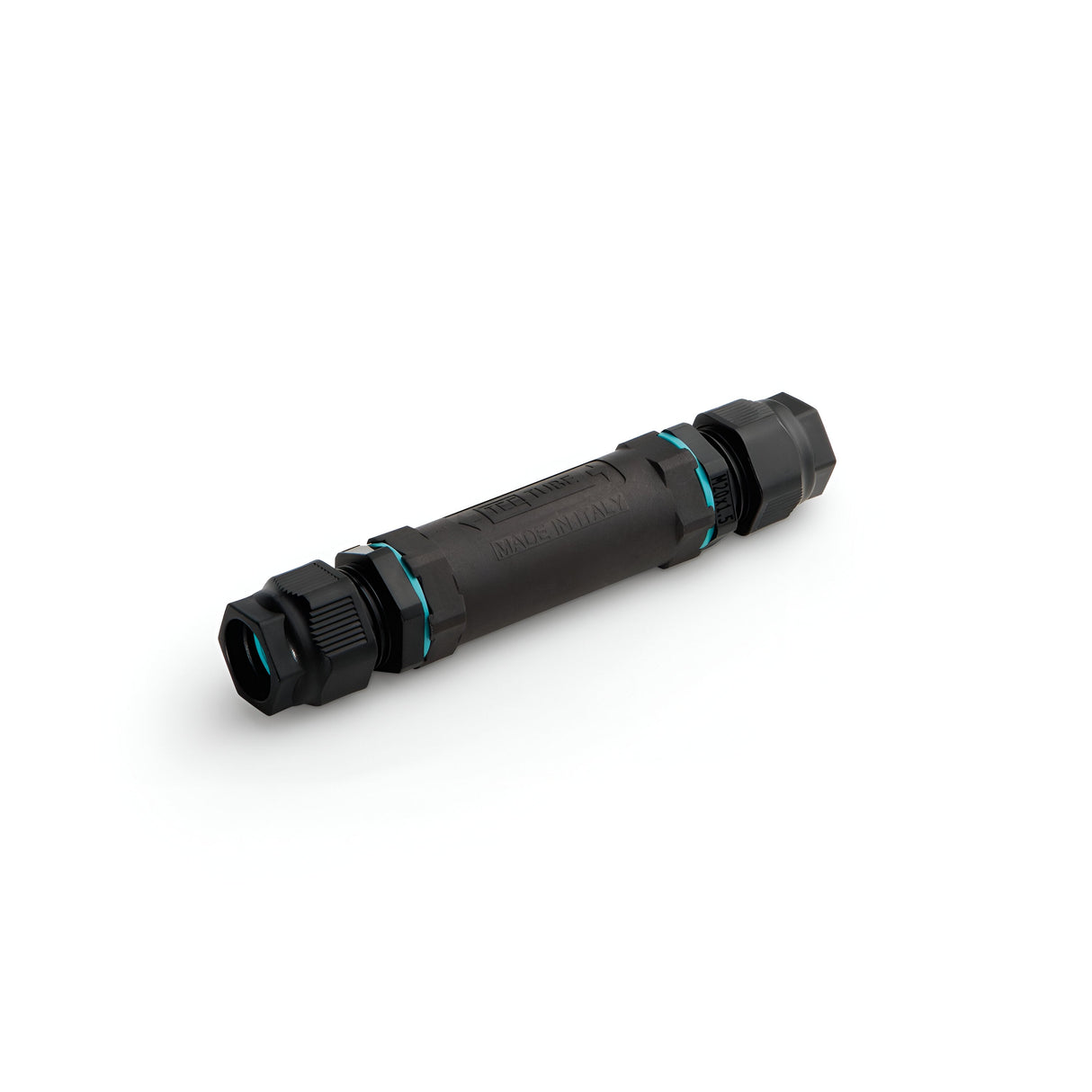 Introducing the Solarium Outdoor Cable Connector For Spotlight: a weather-resistant black cylindrical connector with threaded ends. It boasts blue accent rings near the connectors, providing a modern and industrial aesthetic perfect for sealing and joining pipes in various environments.