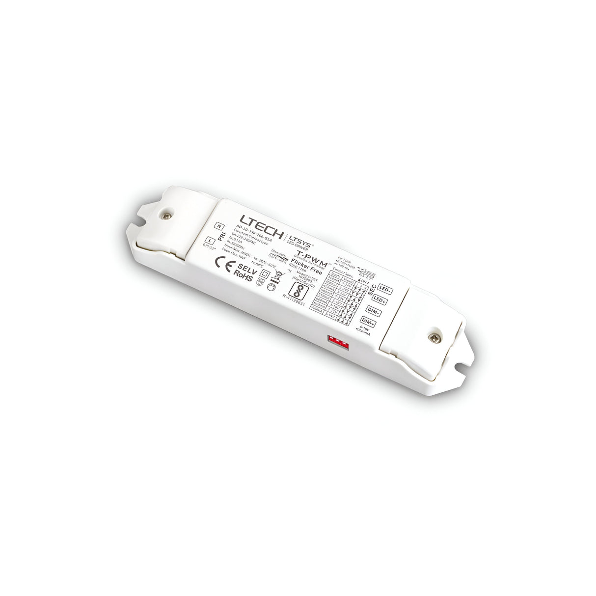 The Eris Constant Current LED Driver - 12W, Dimmable, comes in a rectangular white casing specifically designed for dimmable LED lighting in indoor settings. It includes a variety of technical specifications and certifications printed on its surface, and features mounting holes on its edges to facilitate easy installation.