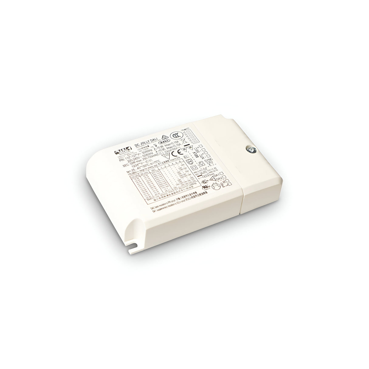 The Eris Constant Current LED Driver - 25W, Dimmable is a white rectangular electrical device featuring printed specifications and symbols, including CE and RoHS logos for safety compliance. It ensures consistent current output, is low-profile with a screw on its casing, and includes an integrated mounting bracket.