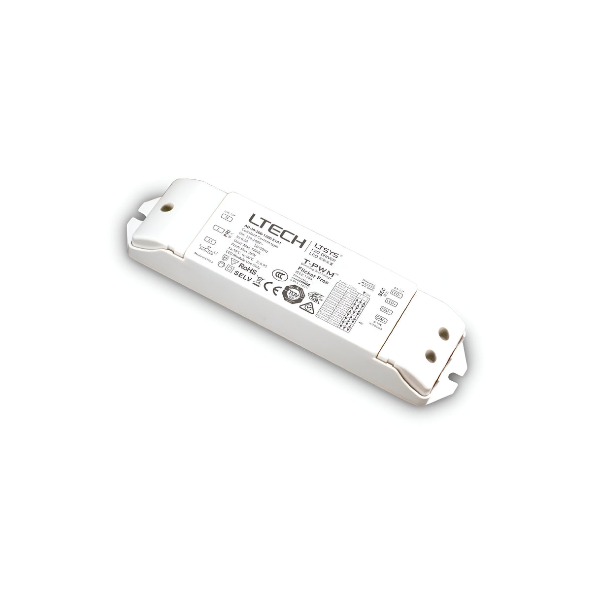 The Eris Constant Current LED Driver - 30W, Dimmable, in white, offers an ideal solution for dimmable LED fixtures with its multiple buttons and ports. It includes labels and certifications that highlight its specifications and compliance standards. Experience a flicker-free lighting environment with this sleek, rectangular device engineered for high performance.