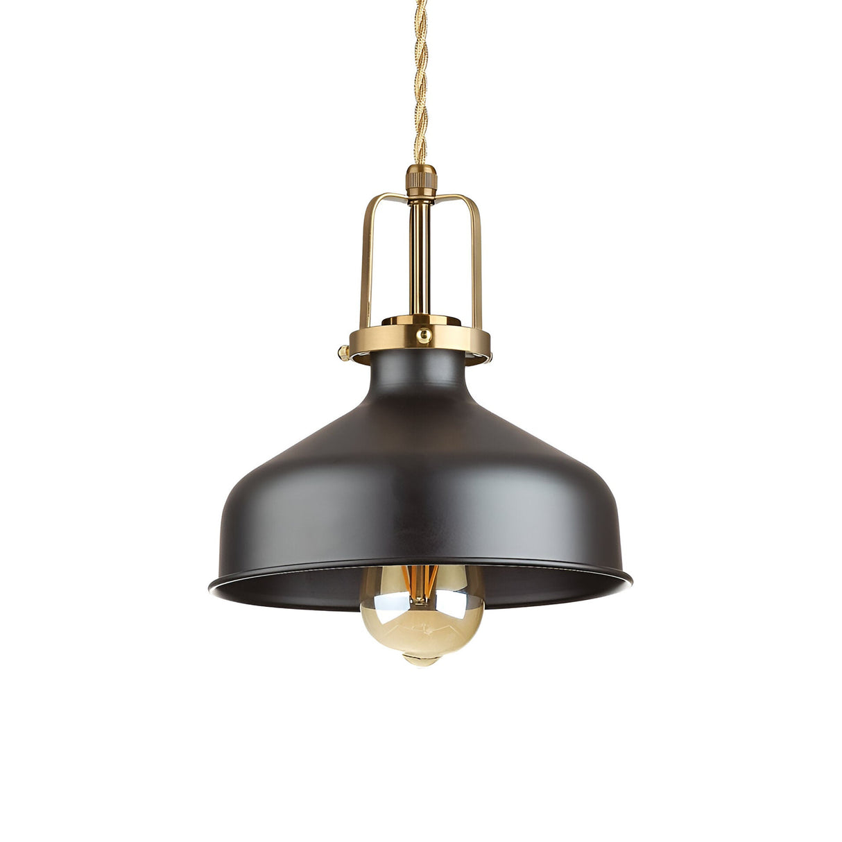 The Fluxion-1 Small 1 Light Pendant in black, featuring brass accents and an exposed bulb, hangs elegantly from a twisted brown cord to highlight its vintage industrial aesthetic. This modern lighting piece seamlessly combines style and function, enhancing any space with character.